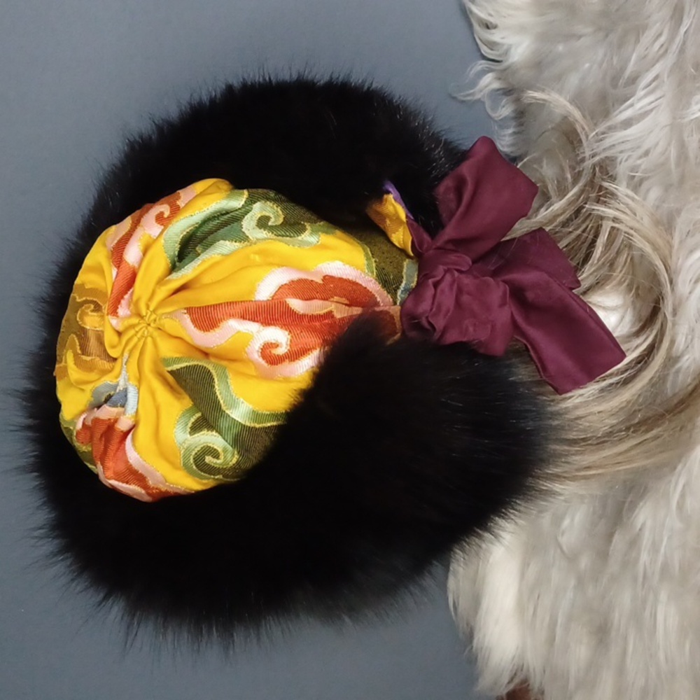 Gold Cloud Silk Tibetan  Fox Fur Hat